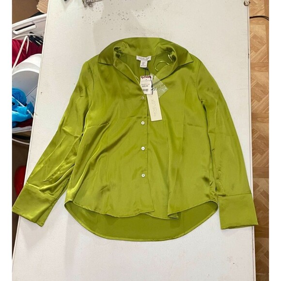 Rachel Zoe Lime Green Satin Button Down Blouse – Size L (NWT) - Picture 10 of 12